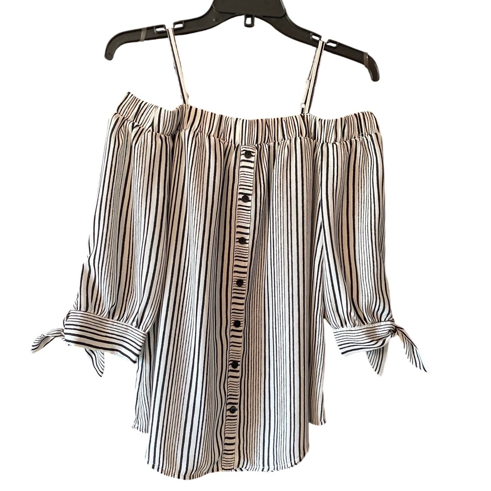 IZ Byer Off Shoulder Blouse Button Down Tie Sleeve Top Boho Chic Size S